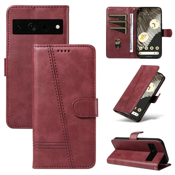 for Google Pixel 7 Pro Wristlet Wallet Rugged Case, PU Leather Flip Folio Cover Card Holder Bracket Phone Case Heavy Duty Classic Business TPU Inner Cover for Google Pixel 7 Pro, Winered