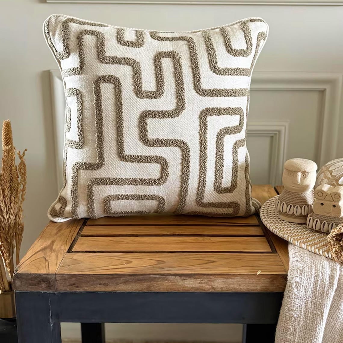 Boucle Embroidery Olive Green Decorative Throw Cushion Cover 65x65 cm Set of 2 Contemporary Linen Pillow Cover Geometric | Textured, Tufted, Maze Pillowcases for Couch, Sofa & Bed - Earth Maze