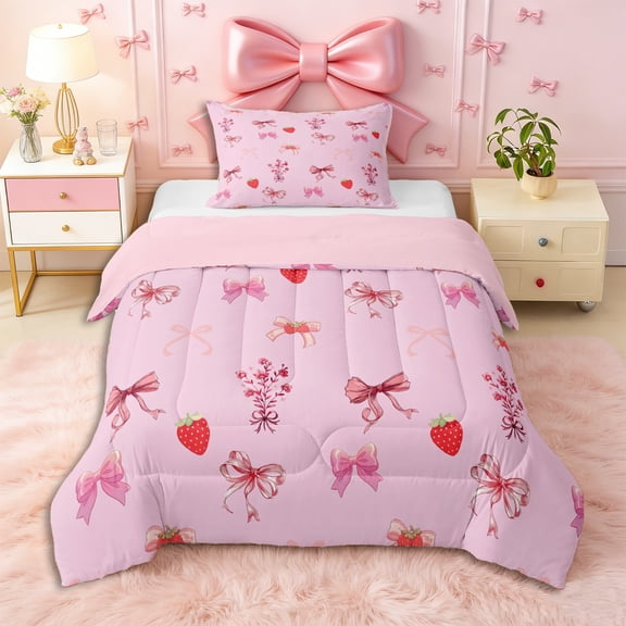 Erosebridal Kawaii Red Strawberry Twin Comforter Sets 3-Piece for Girls,Cartoon Floral Bow Knot Bedding Set for Kids Teens,Pink Reversible,Ultra Soft Home Decor