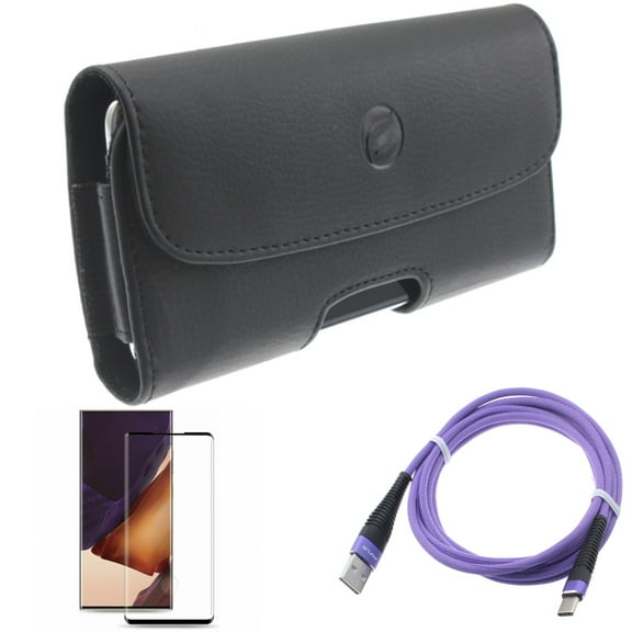 Case Belt Clip & 6ft USB Cable & Screen Protector for Samsung Galaxy Note 20 Ultra (6.9") - Combo with Leather Holster & Purple Type-C & Tempered Glass (Fingerprint Unlock)