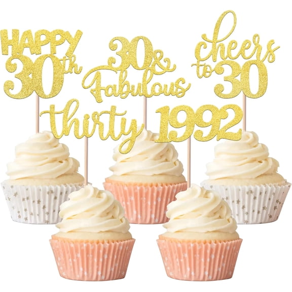 10pcs Happy 30th Birthday Cupcake Toppers Glitter Since 1992 Hello 30 Cake Decorations Cheers to 30 Years Old Birthday Cupcake Picks for 30th Birthday Party Supplies Gold