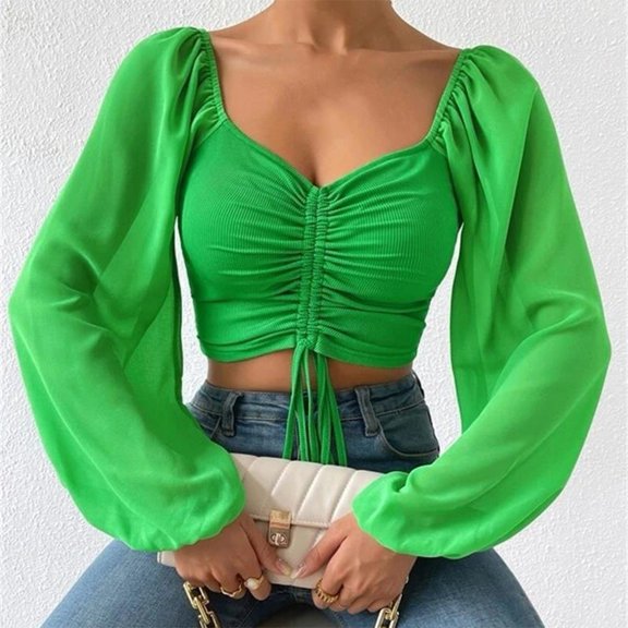 Women Tops Puff Sleeve Sexy Close-Fitting Drawstring V-neck Hot Tee Shirts