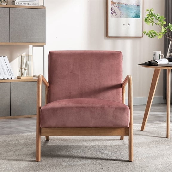 Xukmct Upholstered Velvet Accent Chair with Wood Frame, Mid Century Modern Fabric Armchair for Living Room, Bedroom, Office, Rose Red