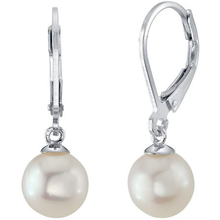 Peora 14K White Gold 8mm Freshwater Cultured White Pearl Leverback Drop Earrings for Women, AAA Grade