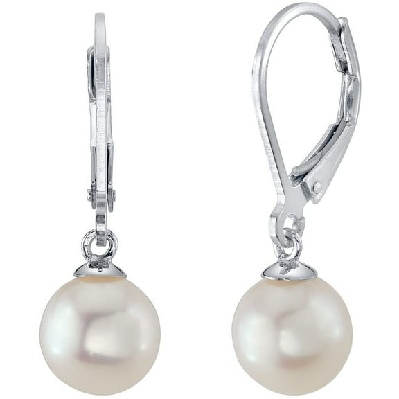 Peora 14K White Gold 8mm Freshwater Cultured White Pearl Leverback Drop Earrings for Women, AAA Grade