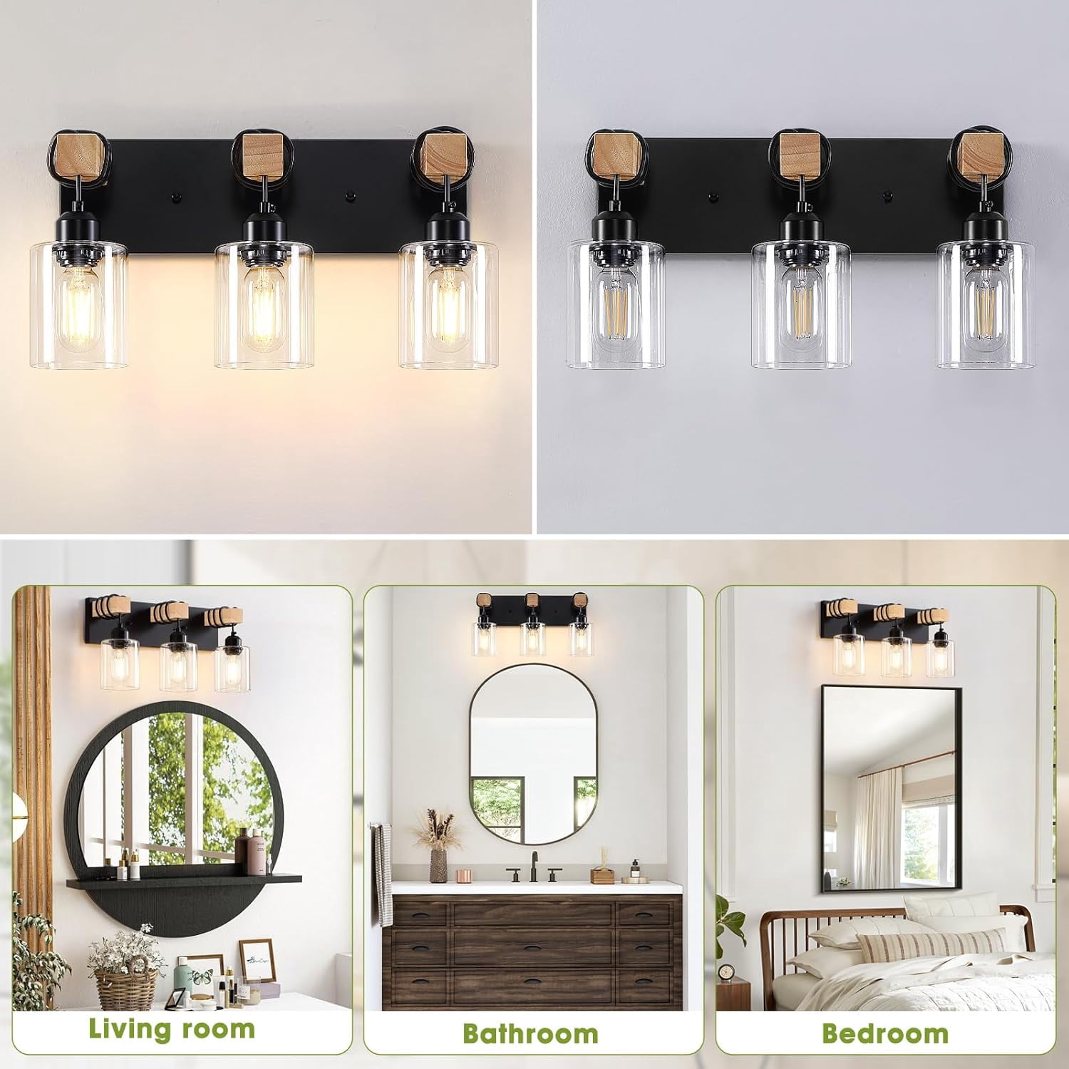 Farmhouse Bathroom Light Fixtures 3-Light Matte Black Bathroom Vanity Light Industrial Style with Clear Glass Shades Lighting Fixtures over Mirror for Bedroom, Living Room