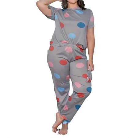 

Womens Plus Pajamas Sets Polka Dot Pant Sets Sleepwear PJ Set Grey 3XL