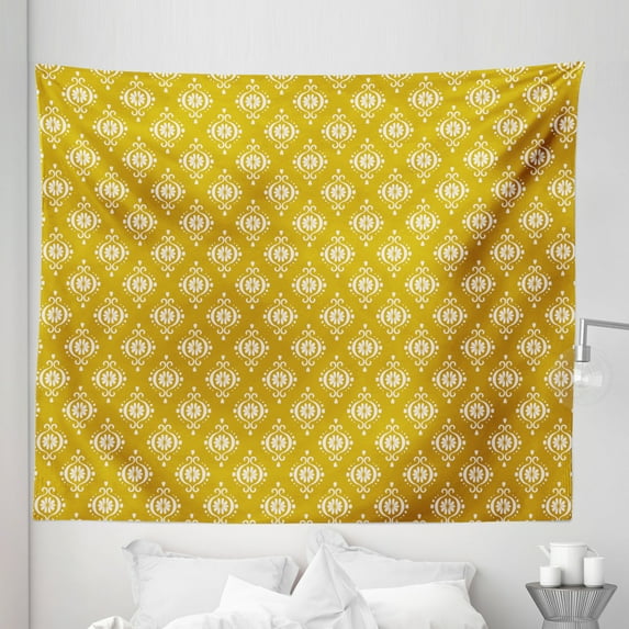 Vintage Tapestry, Nostalgic Bicolour Pattern of Damask Curlicue Dots Flowers and Hearts, Fabric Wall Hanging Decor for Bedroom Living Room Dorm, 5 Sizes, Dark Yellow and Pearl, by Ambesonne