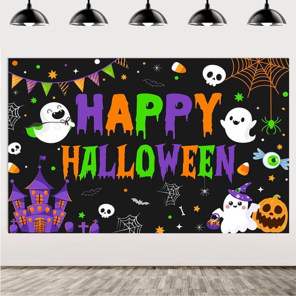 5*3ft Orange Purple Green Halloween Happy Halloween Theme Background Cloth Vinyl for Party Decor Spooky Ghost Pumpkin Haunted House Backdrop Indoor Outdoor Celebration Wall Banner