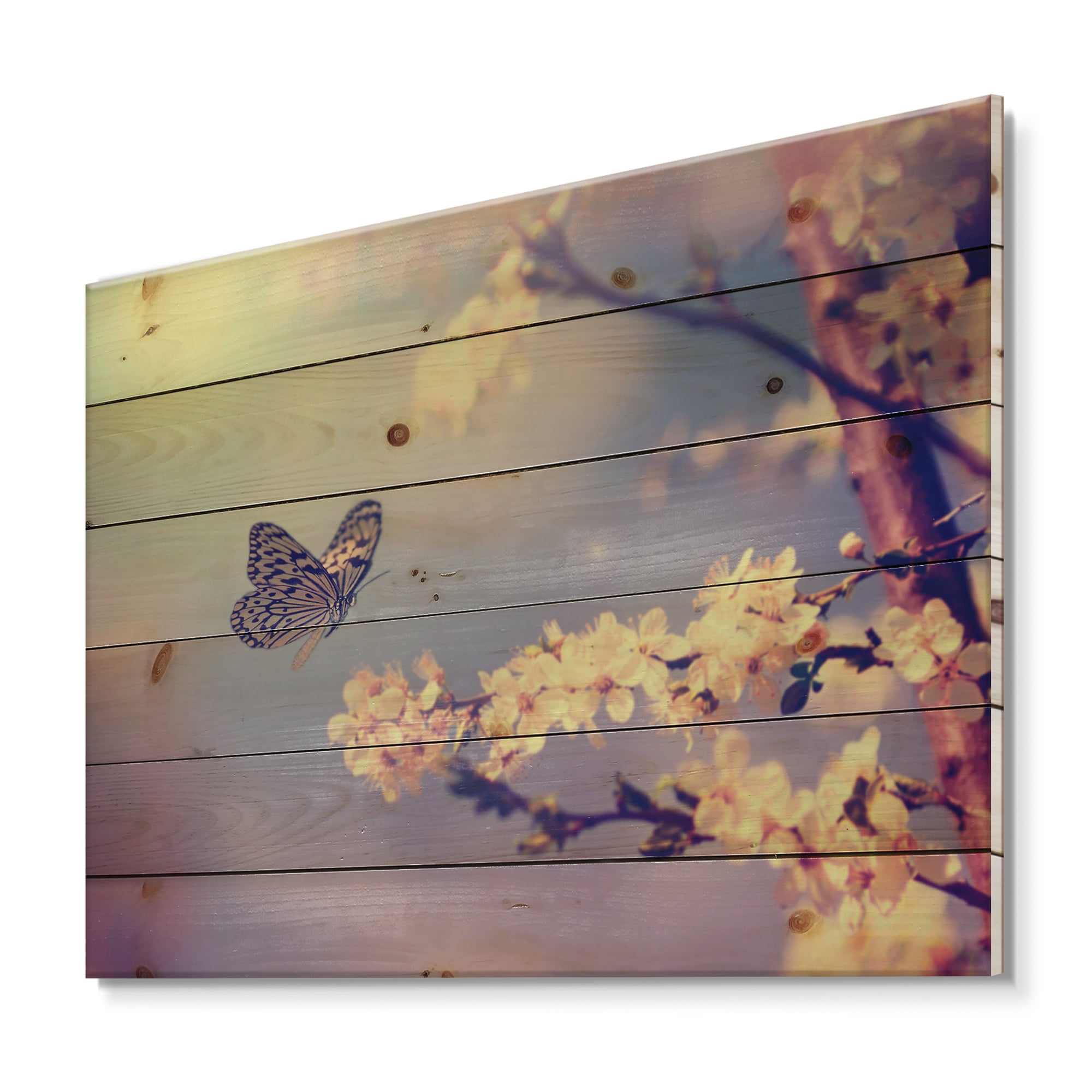 Designart 'Ancient Butterfly Flying To A White Flower' Traditional Print on Natural Pine Wood