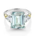 thumbnail image 3 of Gem Stone King 925 Silver and 10K Yellow Gold Sky Blue Simulated Aquamarine Moissanite and Diamond 3 Stone Ring for Women (6.37 Cttw, Gemstone Birthstone, Emerald Cut 12X10MM, Size 5), 3 of 6