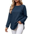 thumbnail image 2 of Inverlee Women's Raglan Shoulder Side Button Crew Neck Sweatshirt Curved Hem Long Sleeve Loose Fit Multi Color Commute Casual Tops Navy M, 2 of 7