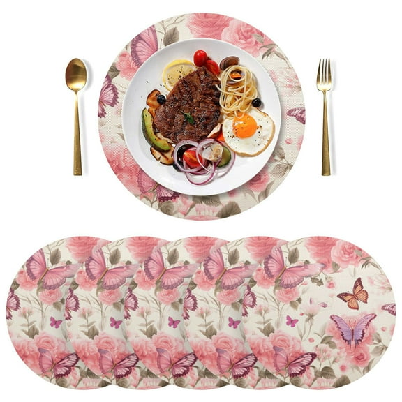 Butterflies Flowers Floral Black Round Placemats Plate Mats 15 Inch Non-Slip Heat Resistant Washable PVC Set Indoor for Kitchen Dining Table 1PC