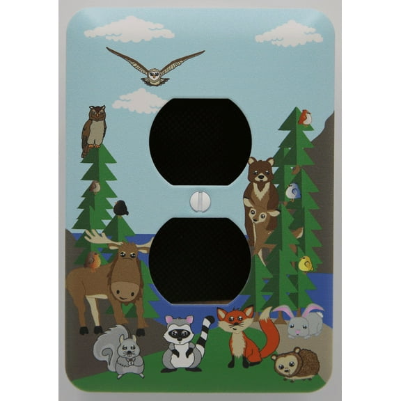 Woodland Forest Animal Switch Plate Outlet Covers , Children's Nursery Decor with Owls, Birds, Fox, Bear, Squirrel, Deer, Hedge Hog, Moose and a Raccoon. (Outlet Cover)