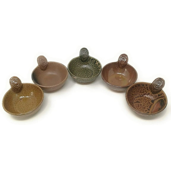 TJ Global Set of 5 Small Japanese Pottery Ceramic Sauce Dishes With Handle for Dips, Salsa, Snacks, Side Dishes, Sauce - 5 Fluid Ounce Capacity