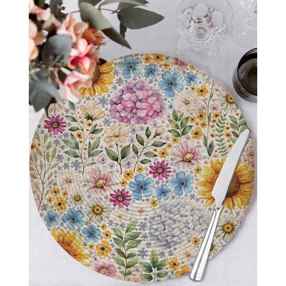 13 Inch Round Placemats Set of 4, Sunflower Vintage Non Slip Heat Insulation PP Table Mats, Yellow Floral Summer Botanical Retro Art Washable Place Mats for Kitchen Dining Party Table Decor