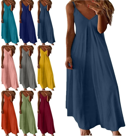 Dresses for Womens Boho Dresses V Neck Sleeveless Dresses Casual Fashion Summer Solid Color Beach Sundresses Honeymoon Tourism