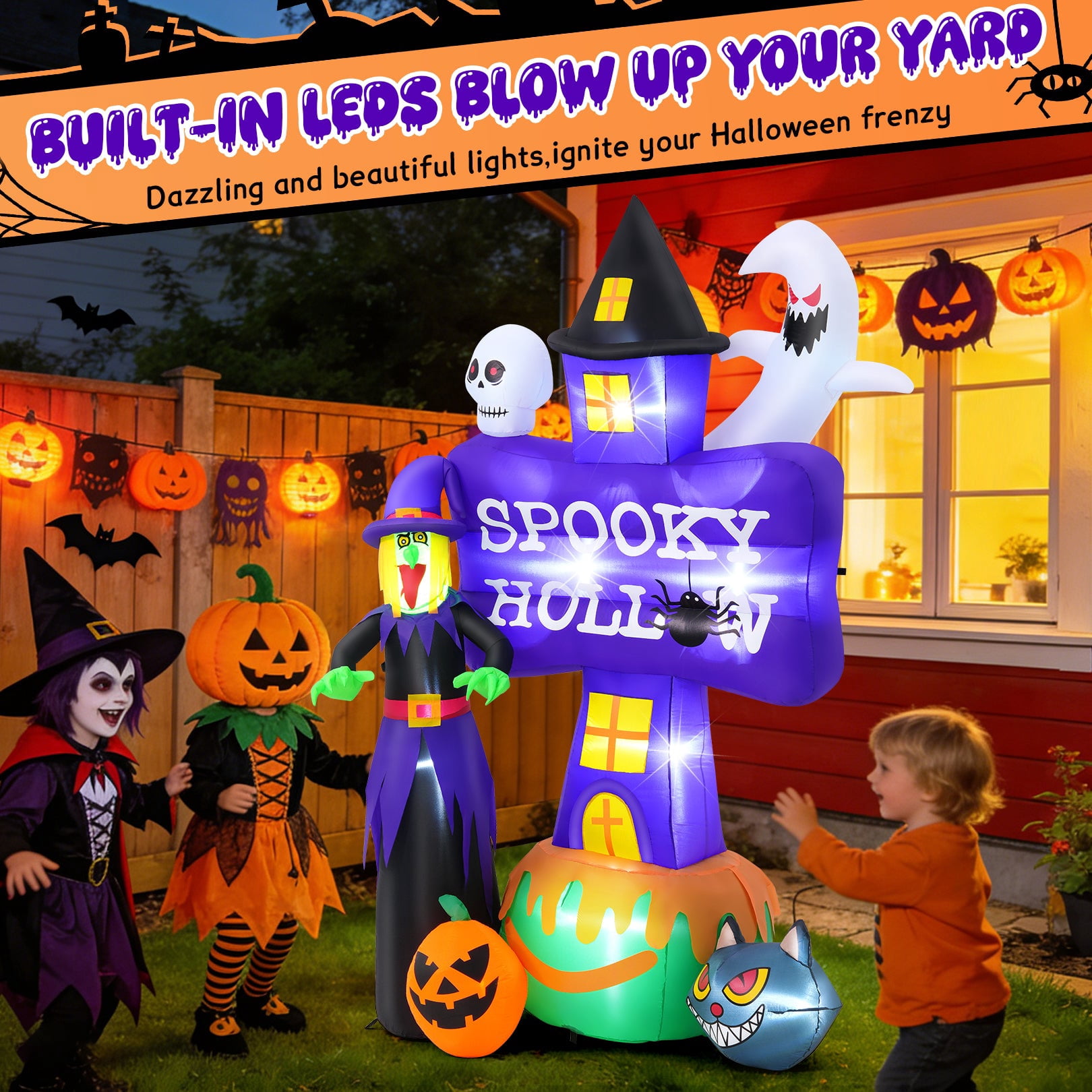 Funcid 8FT Halloween Inflatable Witch Decoration with LED Lights - Outdoor Blow Up Halloween Decor with Ghost & Tombstones for Yard