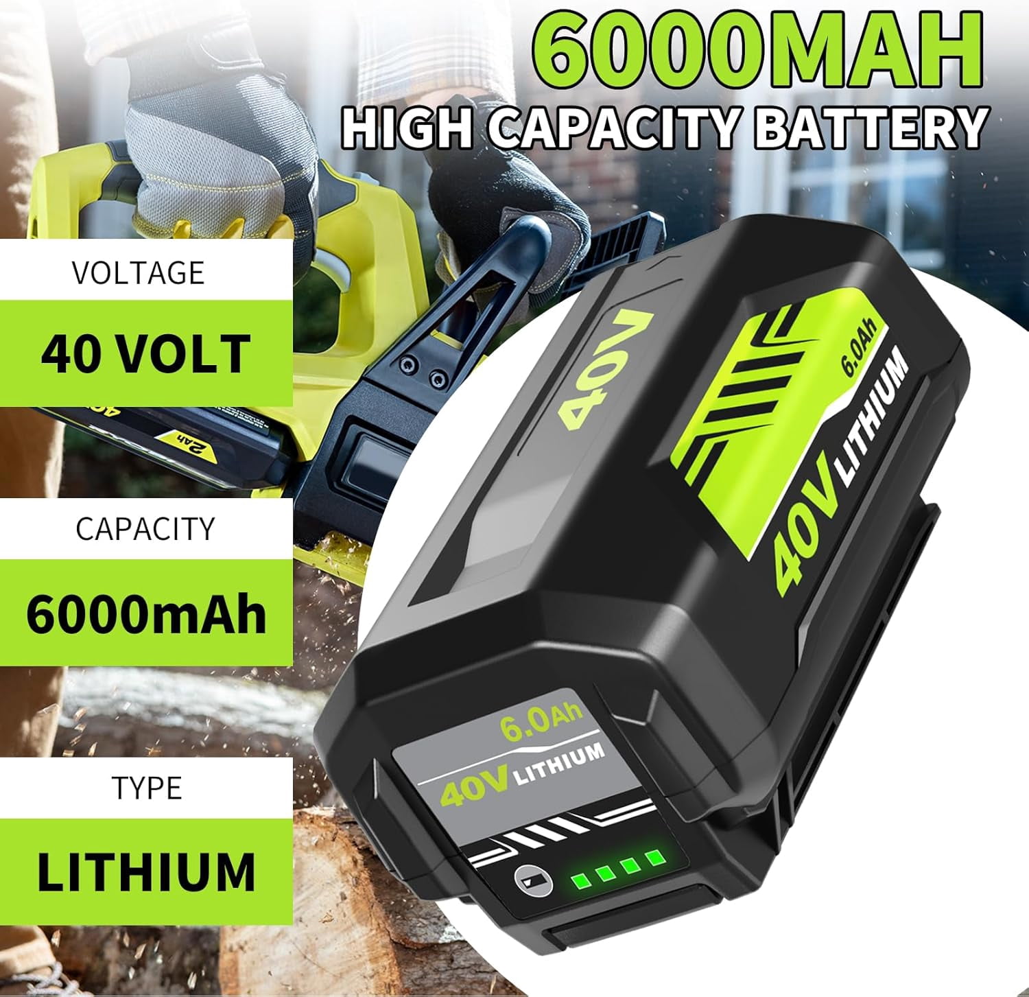 2-Pack 6000mAh 40 Volt OP4060 Replacement for Ryobi 40V Battery 6.0Ah Compatible with Ryobi 40 Volt Lithium Battery OP40602 OP40601 OP4060A1 OP4026A OP4075A