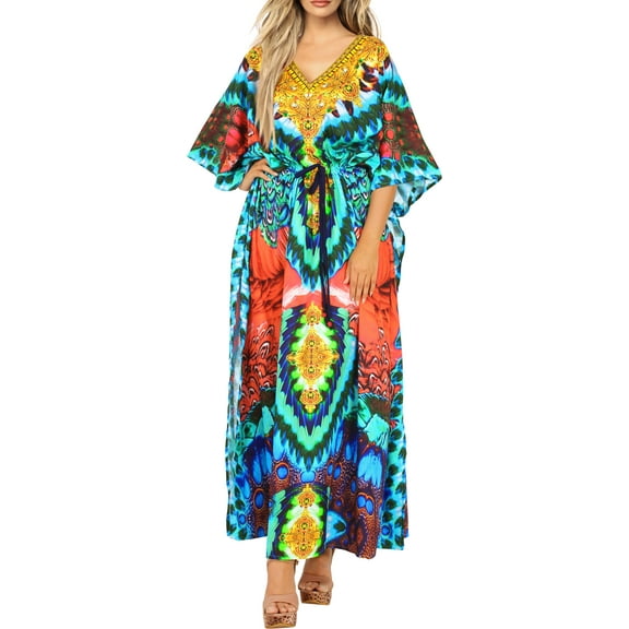 HAPPY BAY Women's Summer Loungewear African Beach Maxi Kaftan Ethnic Print Casual Slit Dress Caftan Dresses for Women 2X-3X Fire, Geometric