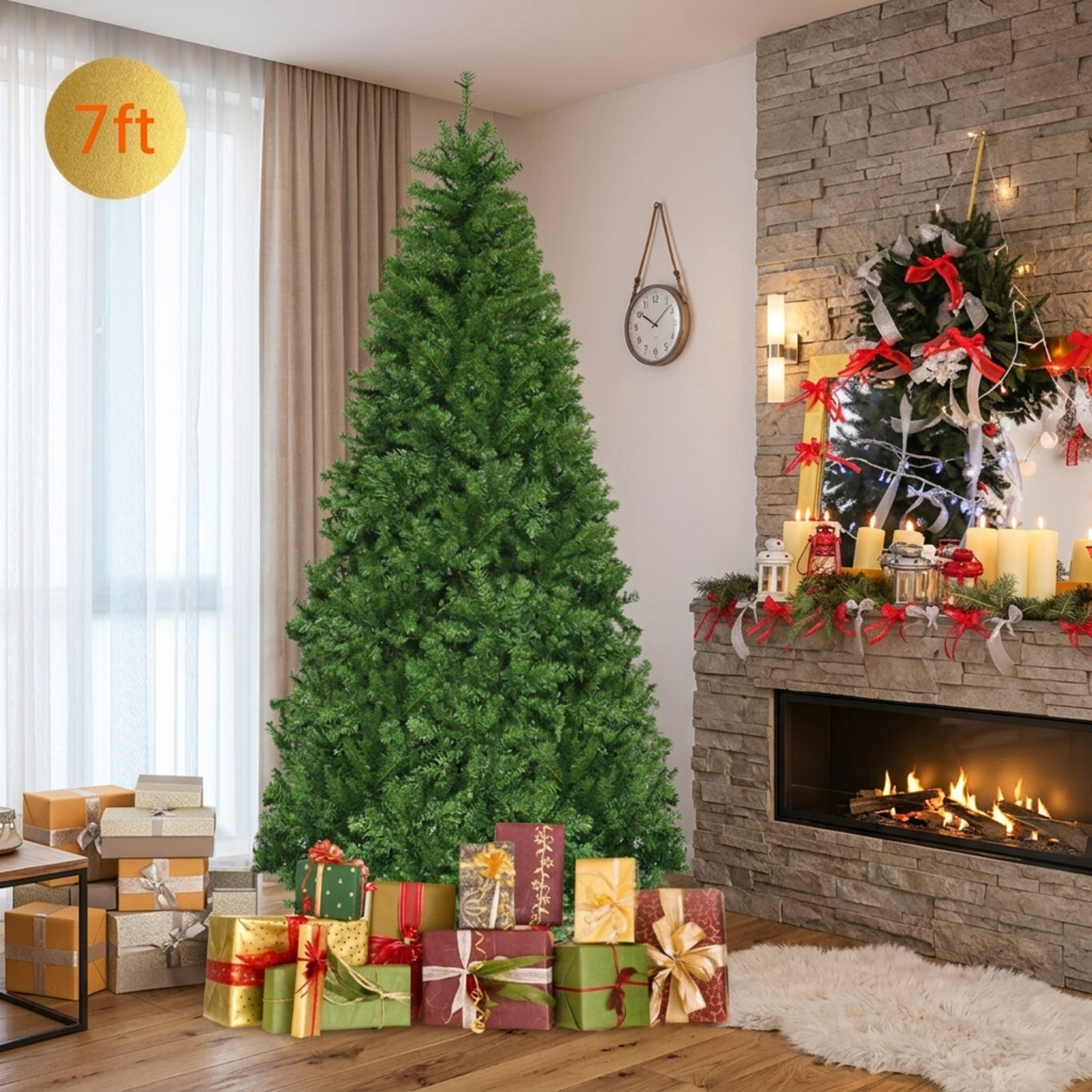 RUIE, 7 Foot Pre-Lit Tree, 7 ft Artificial Christmas Tree, 350 LED Lights, Green, 1000 Full Tips, for Home Holiday Xmas Decoration