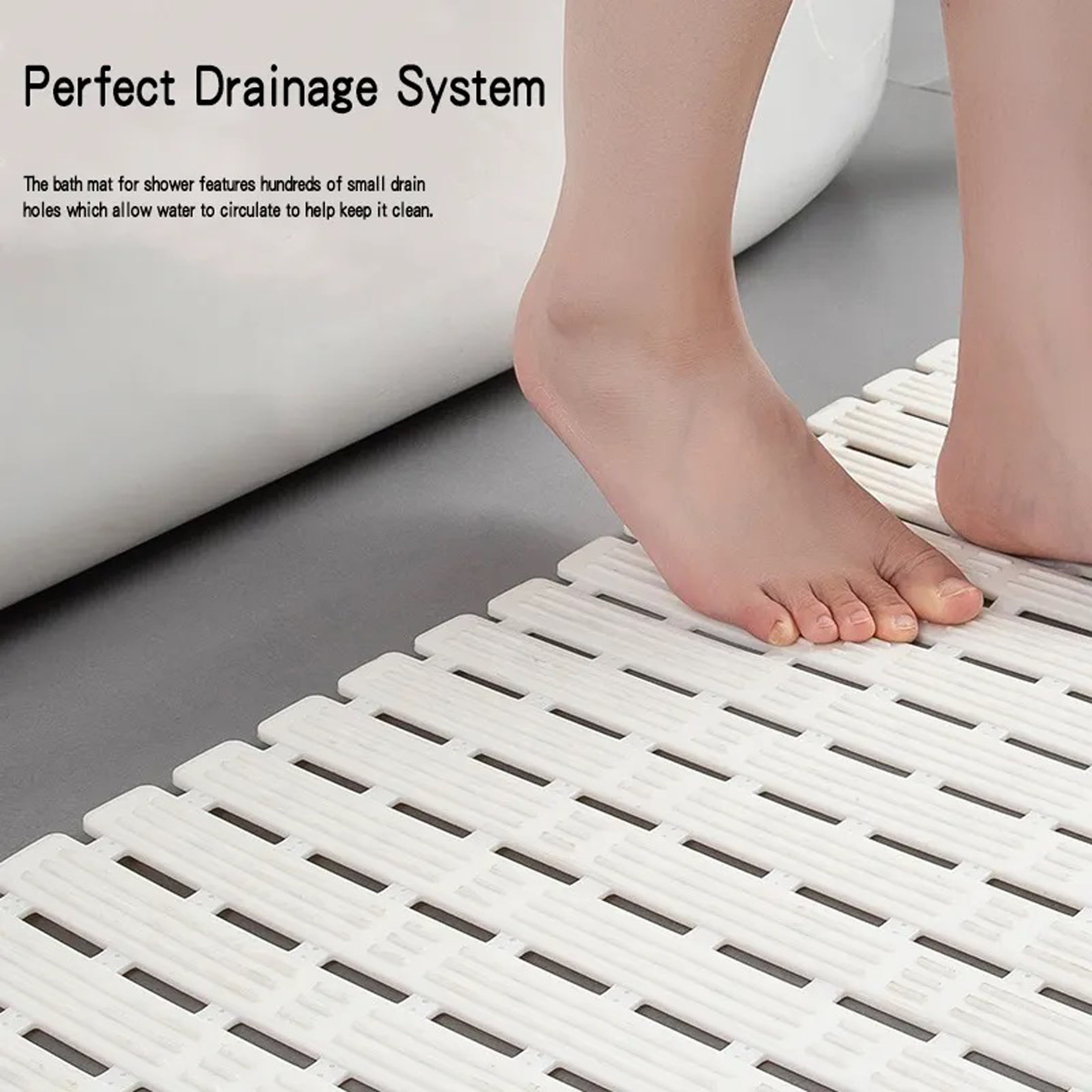 Shower Mat Non Slip Bathtub Mat - 27 x 16 Inch TPE+PP Soft Anti Slip Bath Mat for Tub, Slatted Shower Floor Mat with Powerful Suction Cups and Drain Holes, Easy to Cut, Machine Washable, Grey