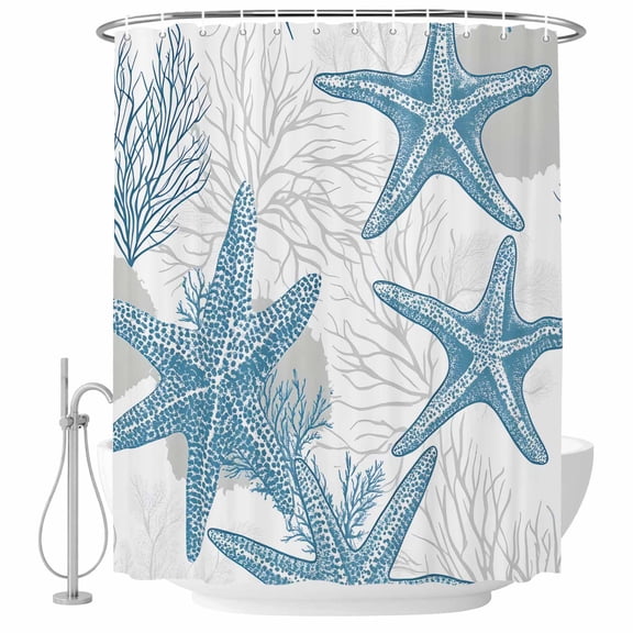 Coastal Starfish Shower Curtain Set - 48" x 72" Washable Bathtub Curtain with 12 Hooks, 0cean Nautical Coral Seagrass Nature Waterproof Fabric Stall Shower Curtains for Bathroom/Bathtub Décor