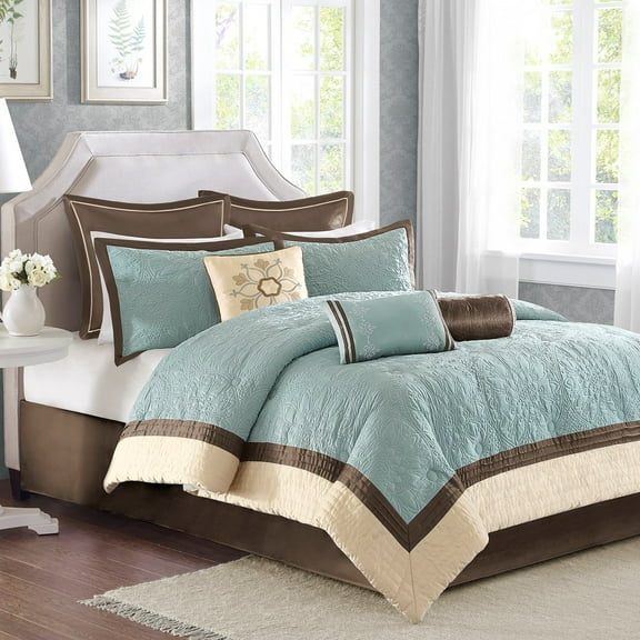 9-Piece Queen Charmeuse Comforter Set - Blue & Brown Quilted Design with Euro Shams
