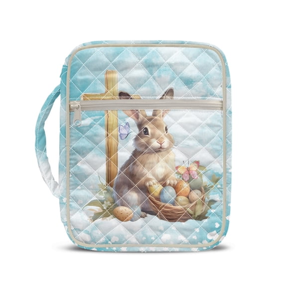 HELLHERO Durable Handle Bible Cover Case for Women, Large Capacity Soft Quilted Bible Covers Polyester Fabric Quilted Bible Bag Easter Bunny with Egg Basket