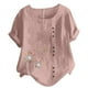 thumbnail image 2 of ICHUANYI Clearance Women's Short Sleeved Casual Plus Size Round Neck Feather Printed Loose Button Cotton Linen Top(Pink, L) Ichaunyi WER2023081008676, 2 of 5