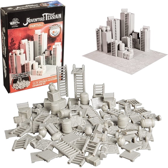 Monster Adventure Terrain- 121pc Paintable Specialty Accessories & Tiles Expansion Set, Modular & Stackable 3-D Tabletop World Builder Compatible w DND Dungeons Dragons, Pathfinder RPG Games