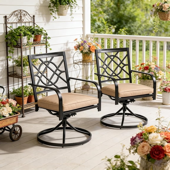 SUNCROWN Outdoor Dining Swivel Black Wrought IronChairs with Cushions Patio Metal Rocker Chairs (Set of 2 )
