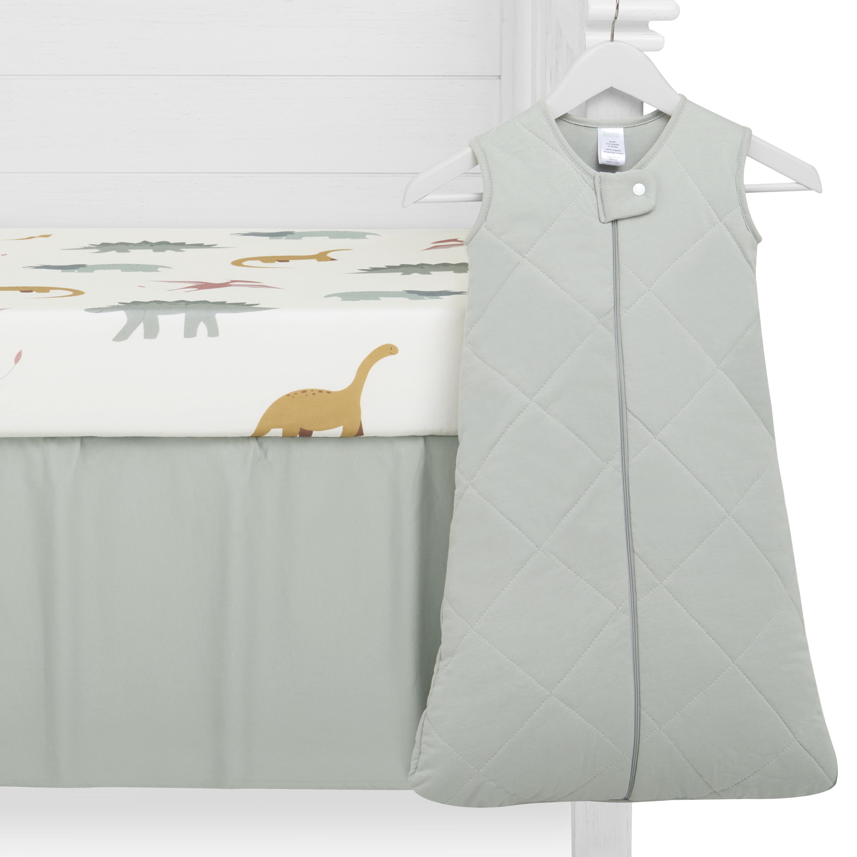 Evolur RawrSome Collection 3pc Crib Set (Fitted Sheet, Snuggle Sack, Crib Skirt) in Sage Green & Dinosaur Print