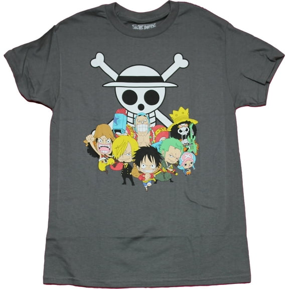One Piece Mens T-Shirt - Chibi Strawhat Crew Under Skull Logo (Medium)