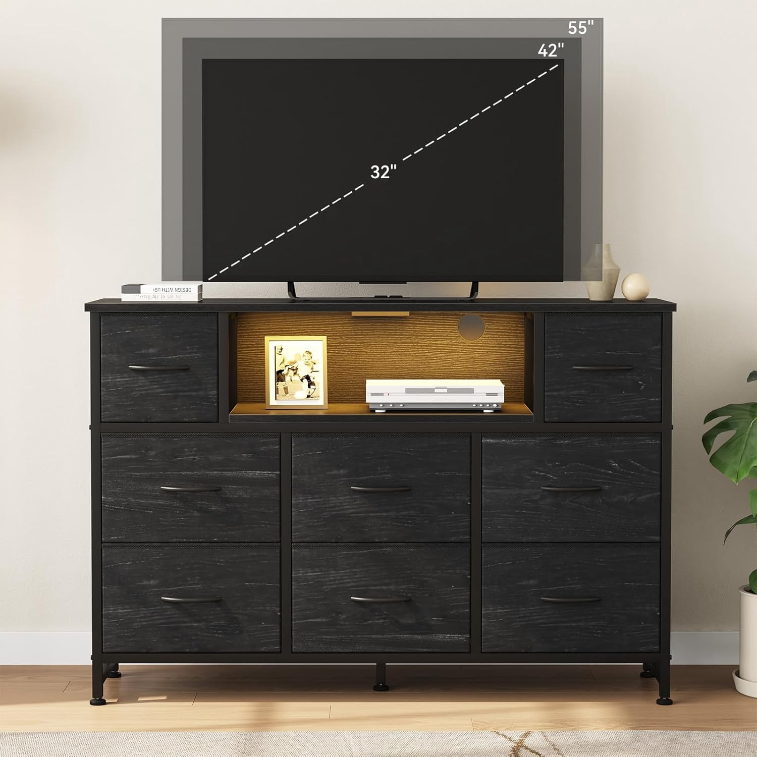 LED TV Stand for 50/55 inch TV, Dresser with 8 Fabric Drawers, Entertainment Center with Open Storage Shelves & Power Outlet, Tall Storage Chest for Bedroom, Living Room, Black Wood