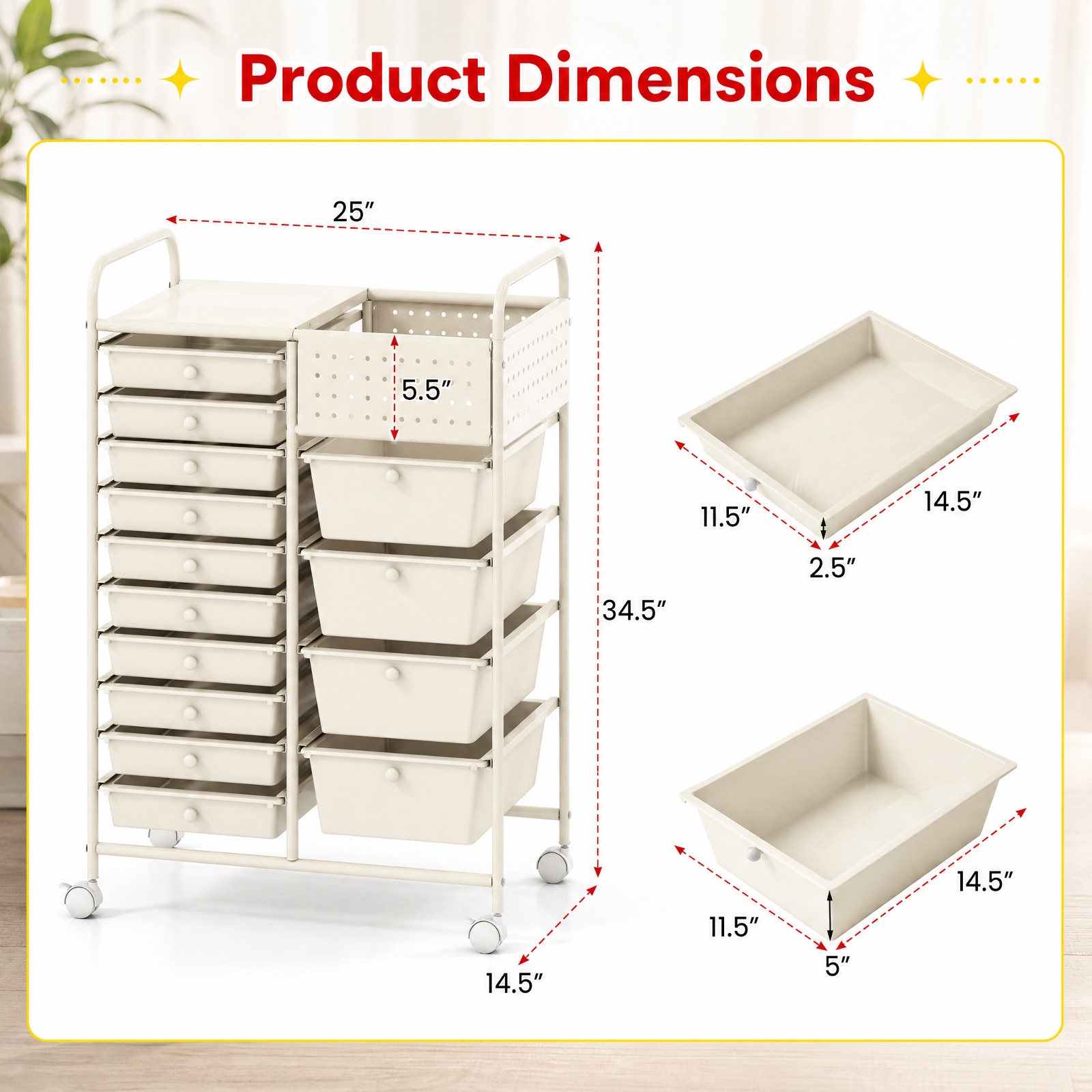 Furnibear 14 Drawer Rolling Storage Cart with Metal Tabletop Pegboard and Locking Wheels for Kitchen Office and Classroom Organizing, White