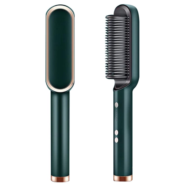 cepillos eléctricos para el cabello rizador peine perezoso peine de estilo de iones negativos electrodomésticos cepillo alisador verde, vista frontal y lateral; 25 dientes visibles con recubrimiento cerámico, mango con botones e indicador de cinco temperaturas (calentamiento PTC), tamaño aproximado 270x30x30 mm, ideal para alisar cabello y retoques rápidos de peinado.