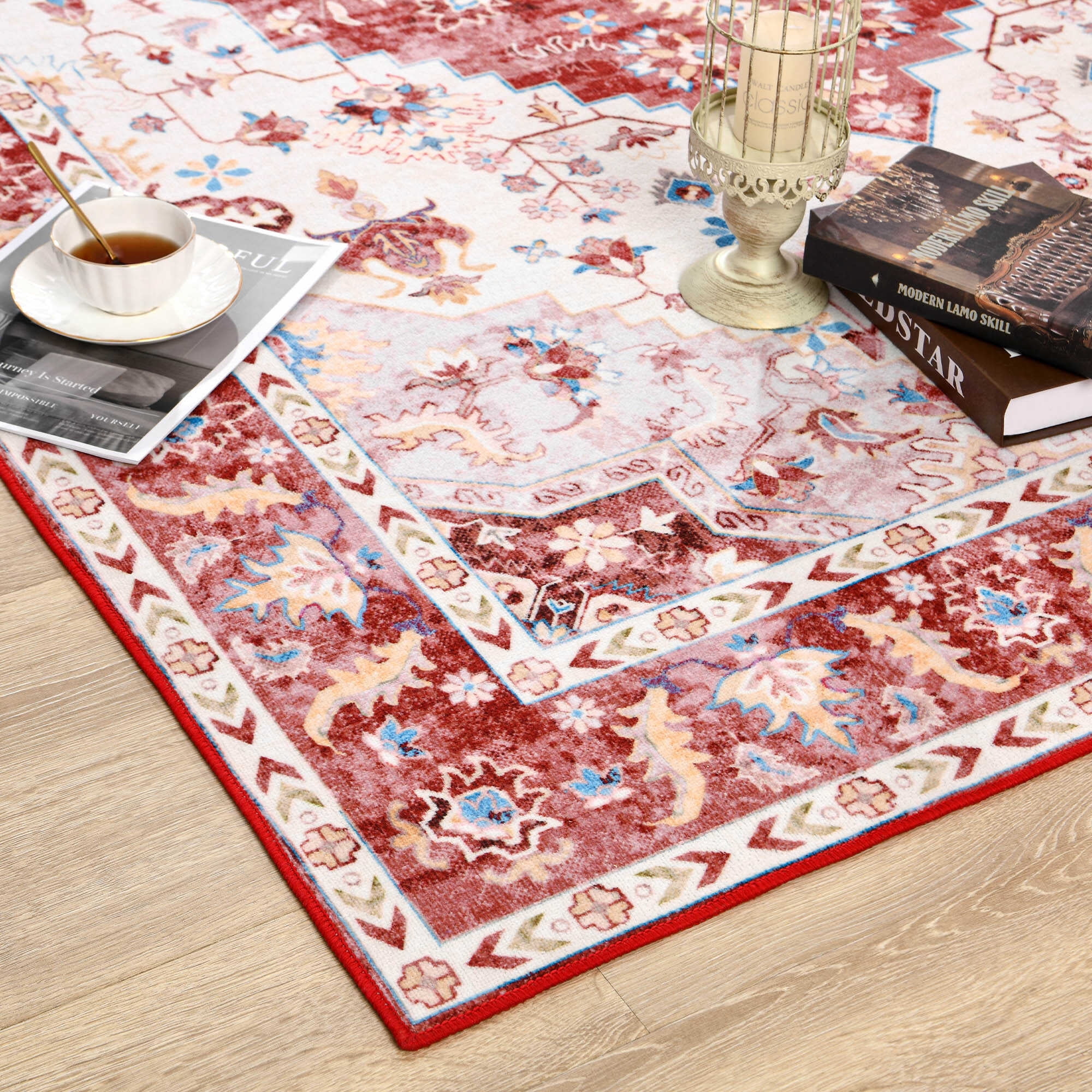 Softlife Ultra-Thin Chenille Vintage Area Rug Non Slip Washable Oriental Tribal Antique Carpet Home Decor Boho Style,6'x9',Red