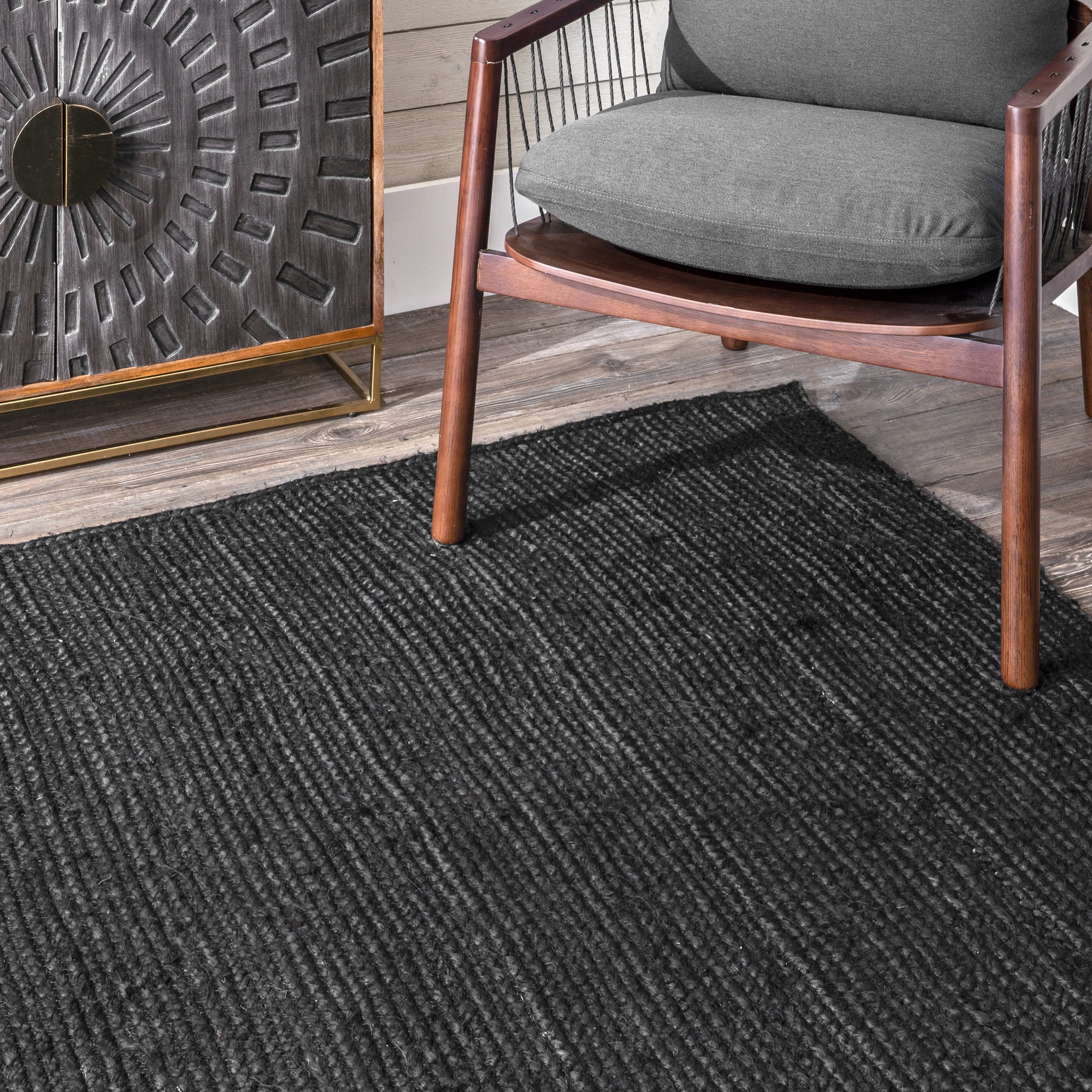 nuLOOM Rigo Hand Woven Farmhouse Jute Area Rug, 3' x 5', Black