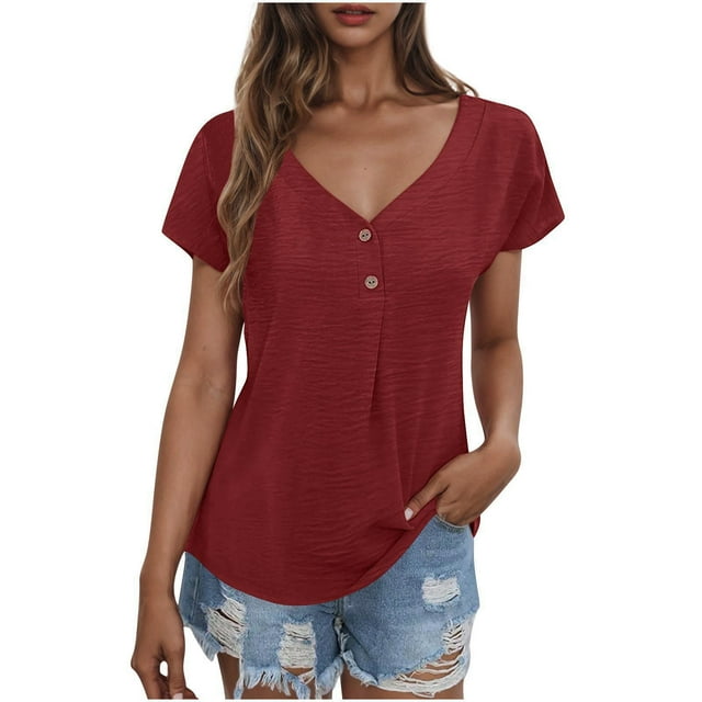 Timegard Top for Women V Neck Button Short Sleeve Ruched Tunic Top Dressy Casual Lightweight Tee Shirts