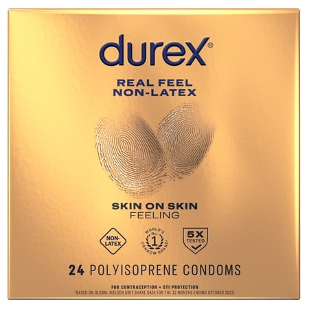 Durex Real Feel Condoms For Men, Non Latex Lubricated Condoms with Skin-On-Skin Feeling, FSA/HSA, 24 ct