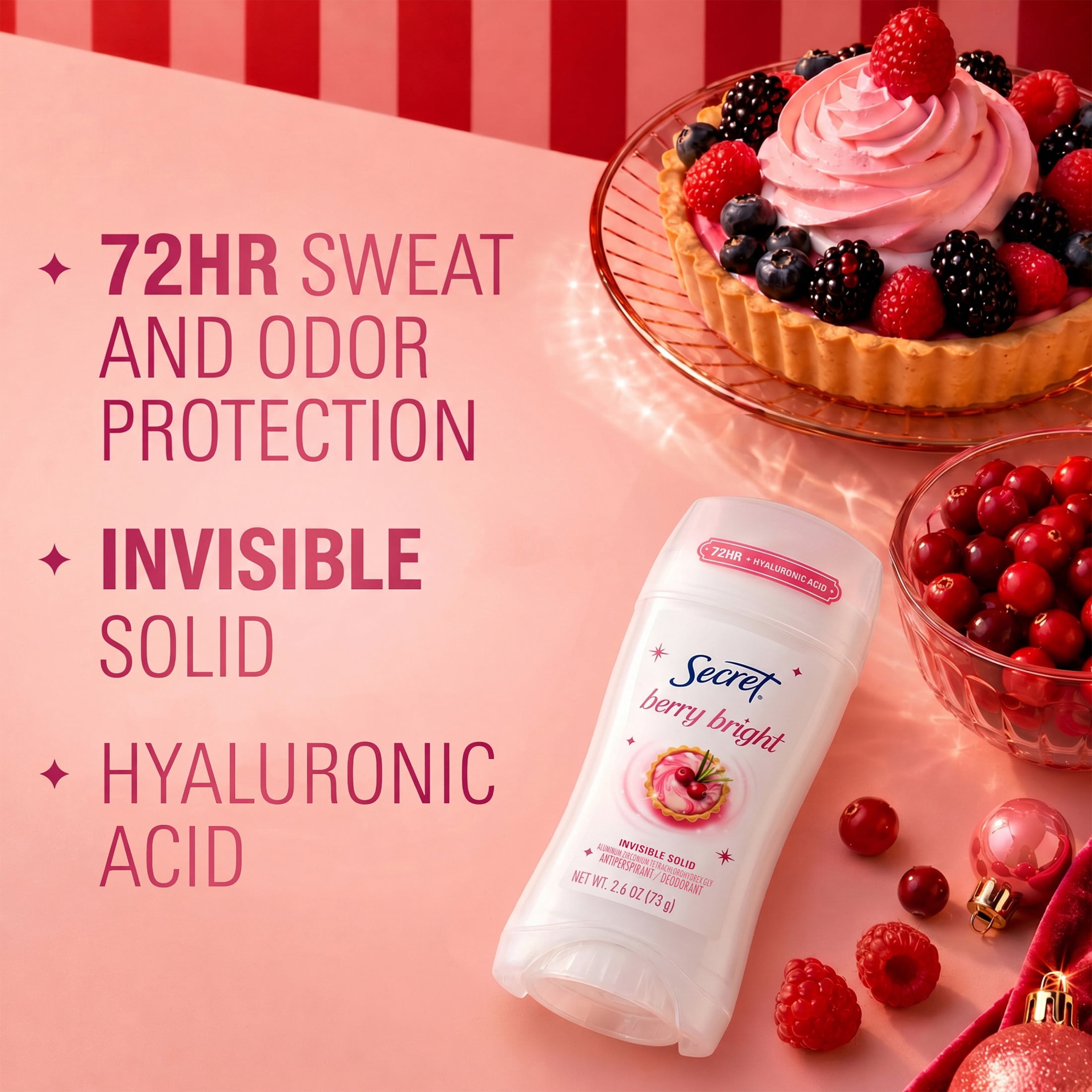 Secret 72HR Holiday Fresh Antiperspirant & Deodorant, Hyaluronic Acid, Invisible Solid, Berry Bright 2.6oz