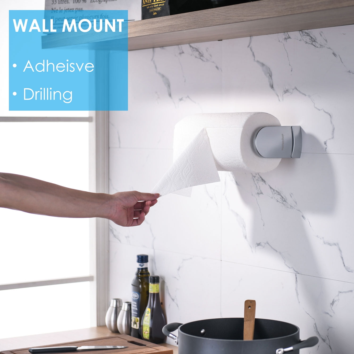 simpletome ONE HAND TEAR Paper Towel Holder Under Cabinet Adhesive or Drilling Installation Aluminum Alloy + ABS (Pearl Chrome Silver)