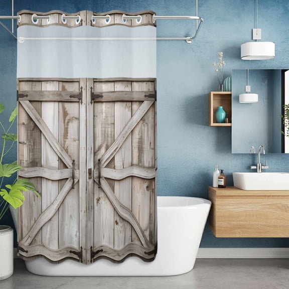 No Hook Shower Curtain with Snap in Liner, Farmhouse Retro Barn Door Waterproof Bath Curtain Double Layers with See Through Top Window, Vintage Wood Board Hotel Shower Curtains 36x72in