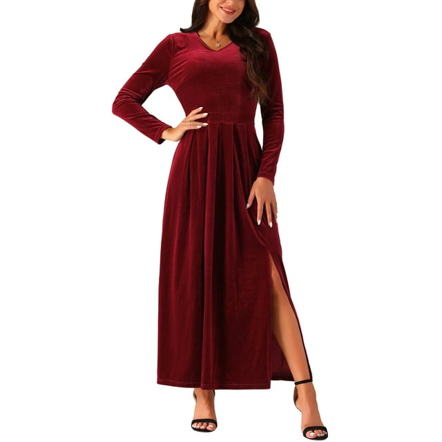 Vestido elegante de cuello en V para mujer INSPIRE CHIC, de manga larga, cintura alta, con abertura en el dobladillo, vestido de cóctel maxi de terciopelo, color negro S XL rojo vino