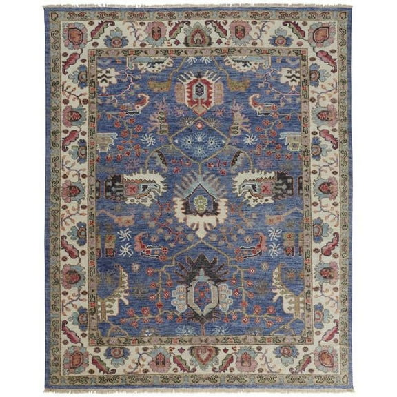 9 x 12 ft. Blue & Red Wool Floral Hand Knotted Stain Resistant Rectangle Area Rug