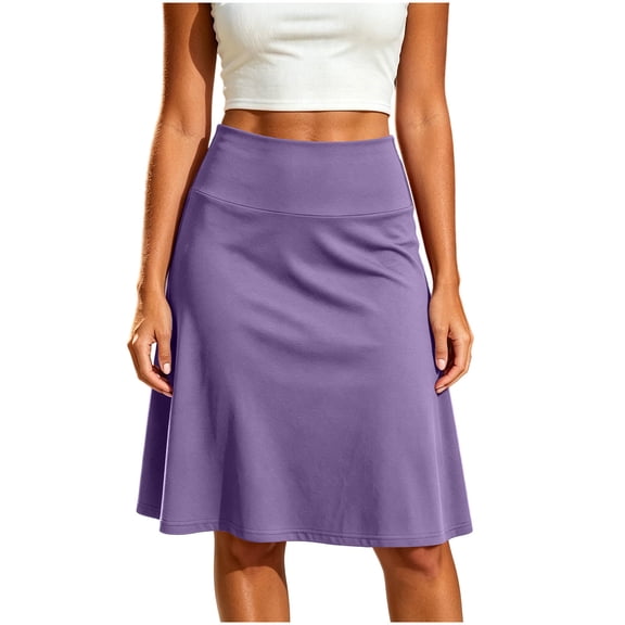 Amkhujs Knee Length Skirts for Women Basic Solid Color Flat Front A Line Skirt Trendy Soft Casual Skirt for Yoga Wear,Purple,M