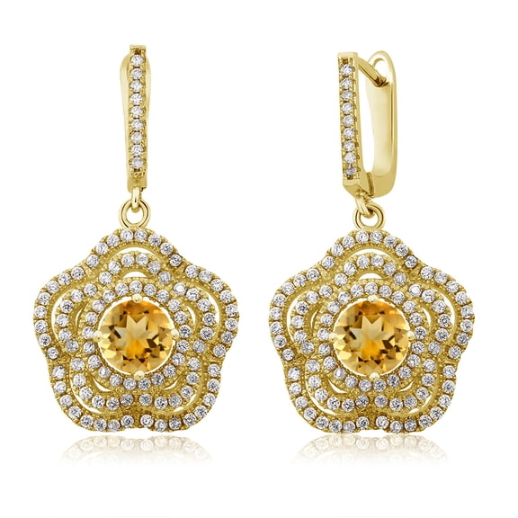 Gem Stone King 18K Yellow Gold Plated Silver Yellow Citrine Flower Dangle Earrings for Women (4.24 Cttw, Gemstone November Birthstone, Round 6MM)