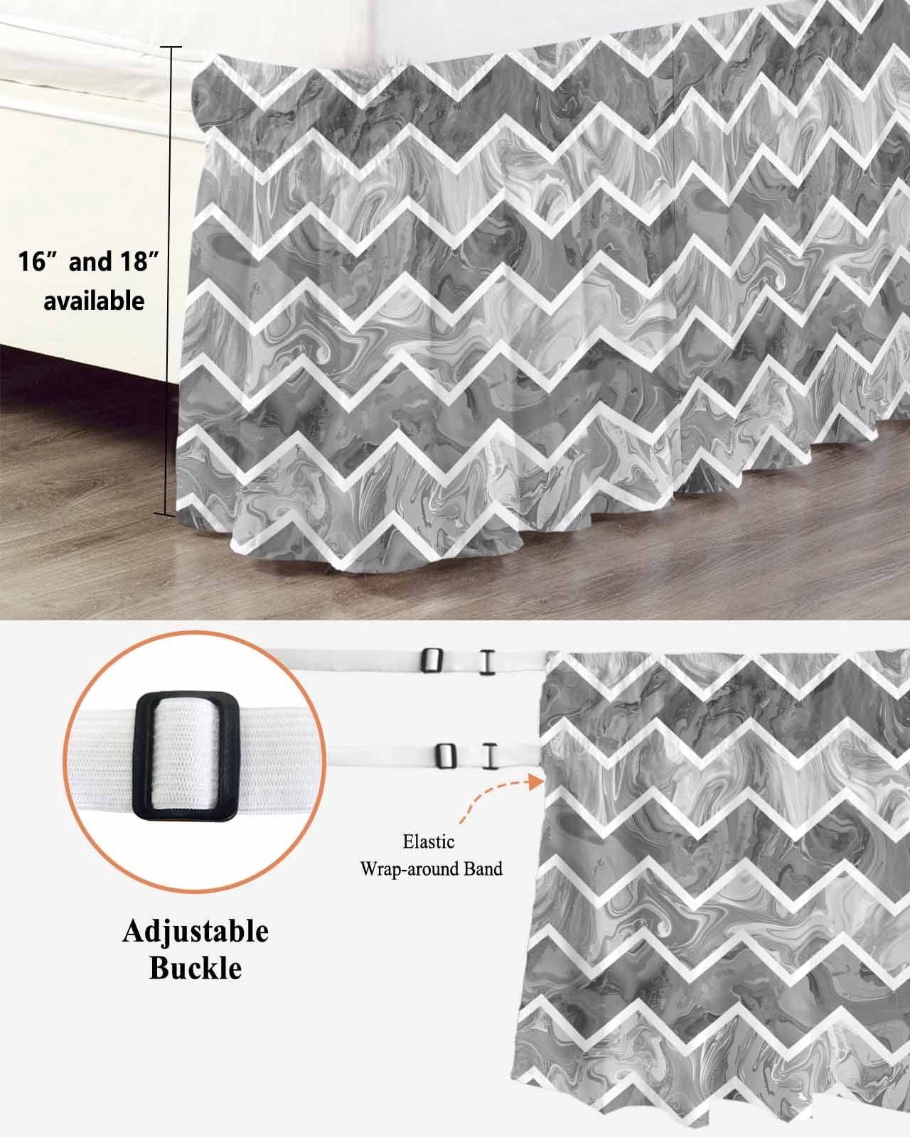 Grey Marble Wrap Around Bed Skirts for Queen Bed 16" Drop,Bed Skirt with Adjustable Elastic Belt Dust Ruffle Bed Valance for Bedroom Hotel Modern Abstract Art Aesthetics Geometric Bed Frame Cover