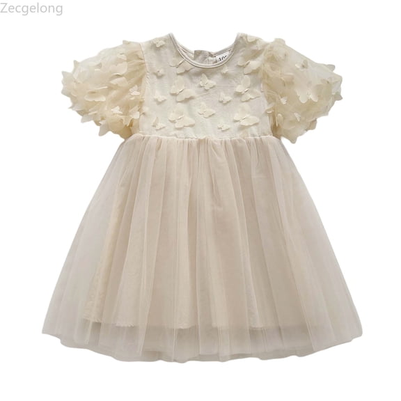Zecgelong Toddler Girls Short Sleevele Decoration Mesh Dress Dance Party Princess Dresses Clothes Girls Summer Dresses Size 18-24 Months Beige
